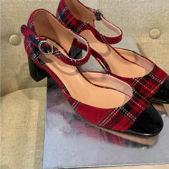 J.Crew Millie Deep Ruby Plaid Patent Toe Ankle Strap Block Heels Pumps Size 6.5 - Picture 3 of 5